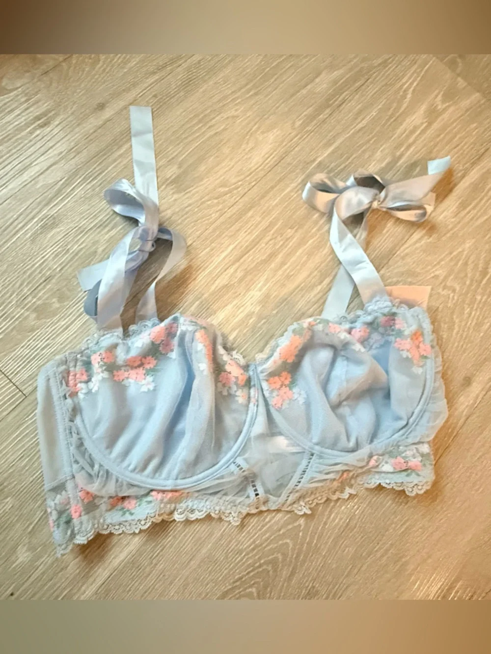 Light Blue Floral Lace Balconette Bra with Ribbon Straps - Picture 8 of 11